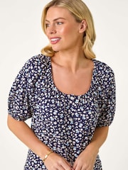 Roman Blue Petite Ditsy Print Button Front Top - Image 4 of 5