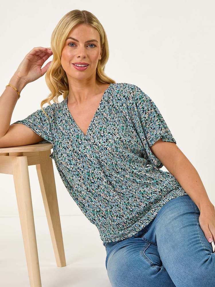 Roman Blue Petite Ditsy Print Crinkle Blouson Top - Image 1 of 5 Roman Blue Petite Ditsy Print Crinkle Blouson Top - Image 1 of 5