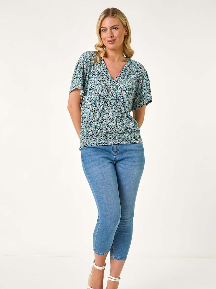 Roman Blue Petite Ditsy Print Crinkle Blouson Top - Image 2 of 5 Roman Blue Petite Ditsy Print Crinkle Blouson Top - Image 2 of 5