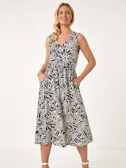 Roman Black Petite Abstract Print V-Neck Midi Dress - Image 2 of 5