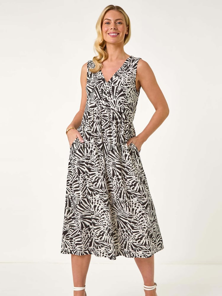 Roman Black Petite Abstract Print V-Neck Midi Dress - Image 2 of 5