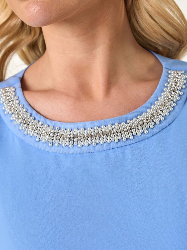 Roman Blue Petite Trim Neck Short Sleeve Dress - Image 5 of 5