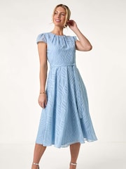Roman Blue Petite Gathered Neck Jacquard Dress - Image 3 of 5