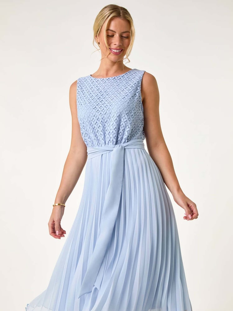Roman Blue Petite Lace Pleat Midi Dress - Image 1 of 5