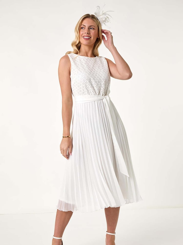 Roman White Petite Lace Pleat Midi Dress - Image 2 of 5