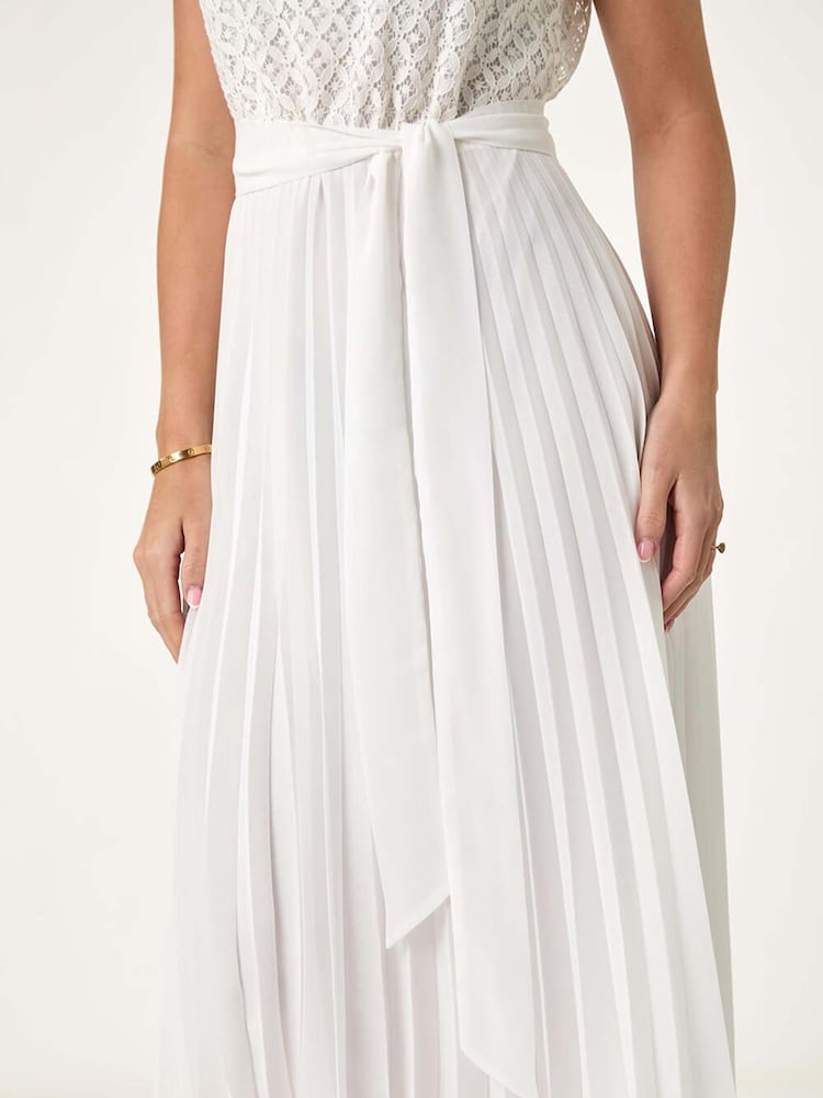 Roman White Petite Lace Pleat Midi Dress - Image 5 of 5