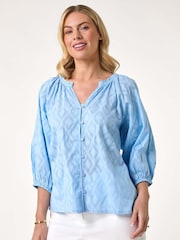 Roman Blue Textured 100% Cotton Blouse - Image 1 of 5