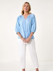 Roman Blue Textured 100% Cotton Blouse - Image 2 of 5