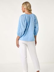 Roman Blue Textured 100% Cotton Blouse - Image 3 of 5