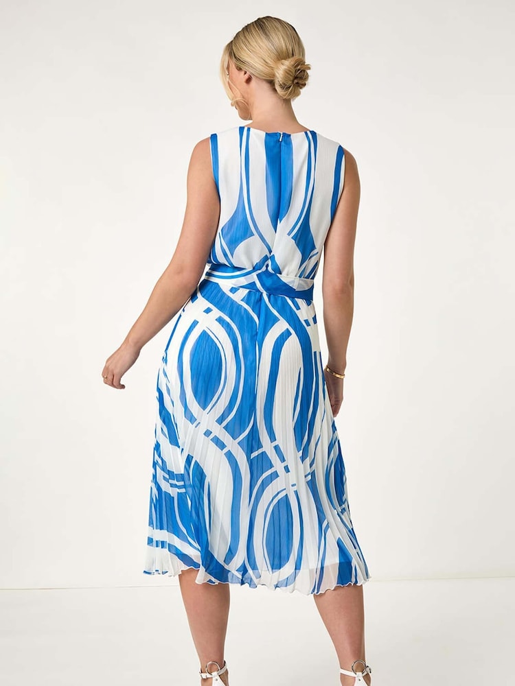 Roman Blue Petite Print Tie Waist Pleated Dress - Image 2 of 4 Roman Blue Petite Print Tie Waist Pleated Dress - Image 2 of 4