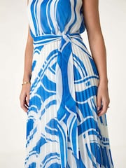 Roman Blue Petite Print Tie Waist Pleated Dress - Image 5 of 5