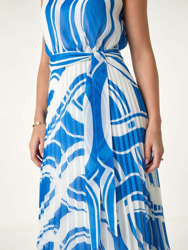 Roman Blue Petite Print Tie Waist Pleated Dress - Image 5 of 5