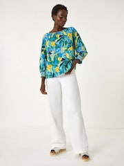 Roman Blue Leaf Print 3/4 Sleeve Top - Image 1 of 5