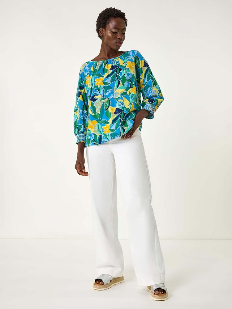 Roman Blue Leaf Print 3/4 Sleeve Top - Image 1 of 5