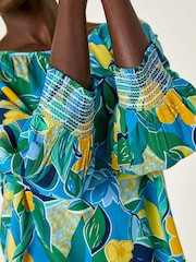 Roman Blue Leaf Print 3/4 Sleeve Top - Image 5 of 5