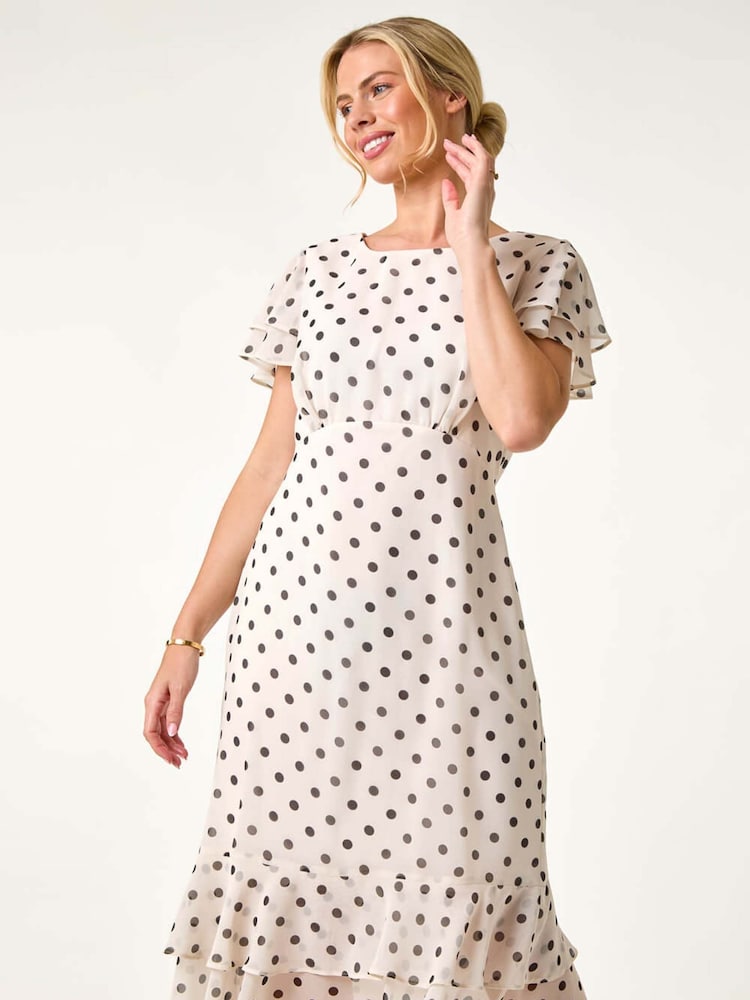 Roman White Petite Spot Print Double Frill Midi Dress - Image 1 of 5