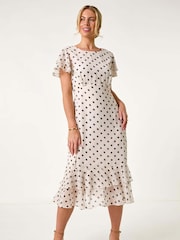 Roman White Petite Spot Print Double Frill Midi Dress - Image 2 of 5