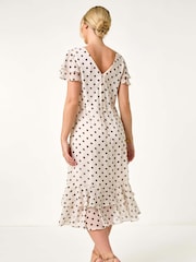 Roman White Petite Spot Print Double Frill Midi Dress - Image 3 of 5