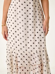 Roman White Petite Spot Print Double Frill Midi Dress - Image 5 of 5