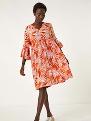 Roman Orange Abstract Print Crinkle Smock Dress - Image 2 of 5