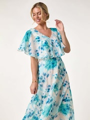 Roman Blue Petite Floral Print Cape Midi Dress - Image 1 of 5