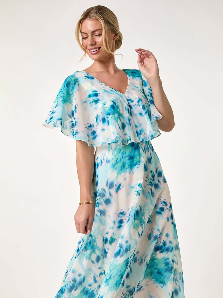 Roman Blue Petite Floral Print Cape Midi Dress - Image 1 of 5