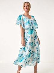 Roman Blue Petite Floral Print Cape Midi Dress - Image 3 of 5