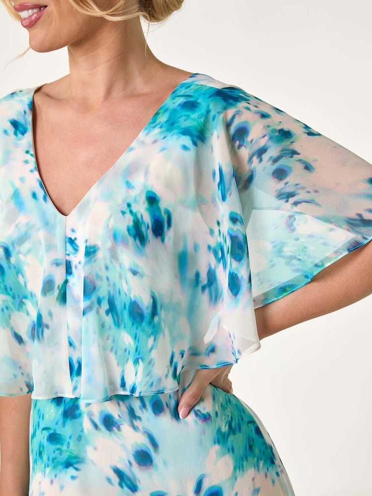 Roman Blue Petite Floral Print Cape Midi Dress - Image 5 of 5