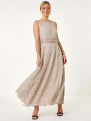 Roman Cream/Black Petite Spot Print Ruched Waist Midi Dress - Image 1 of 5
