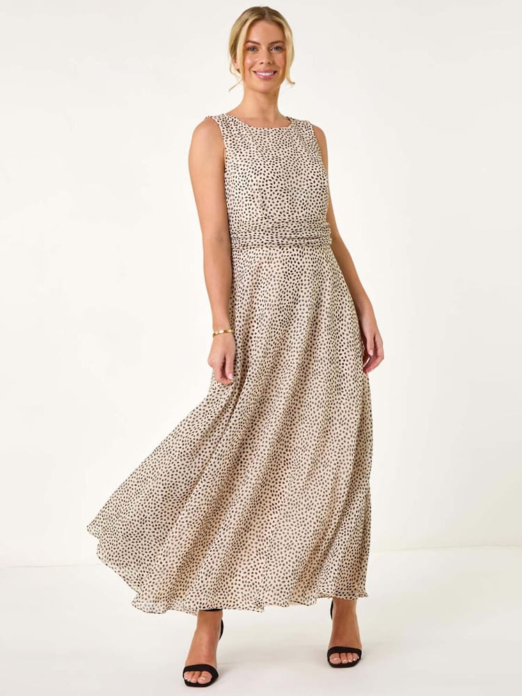 Roman Cream/Black Petite Spot Print Ruched Waist Midi Dress - Image 1 of 5