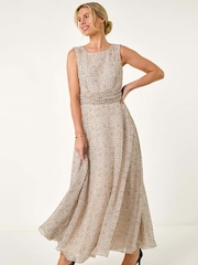 Roman Cream/Black Petite Spot Print Ruched Waist Midi Dress - Image 2 of 5