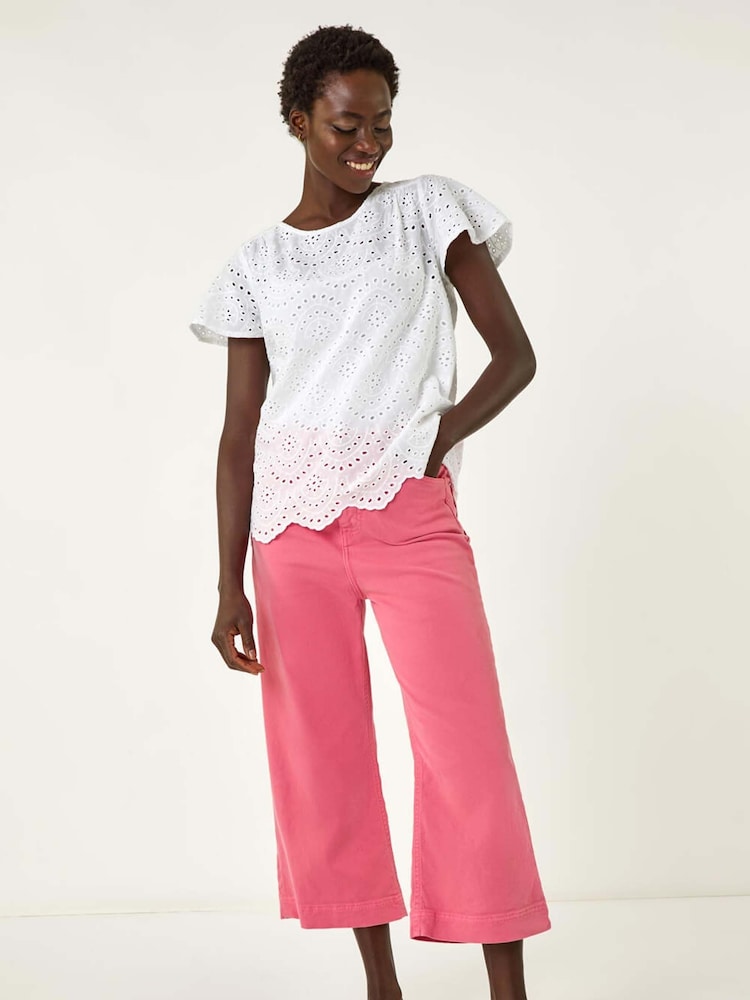 Roman White Broderie Short Sleeve 100% Cotton Top - Image 2 of 5