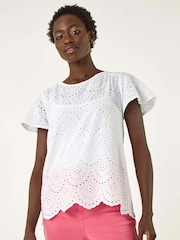 Roman White Broderie Short Sleeve 100% Cotton Top - Image 4 of 5