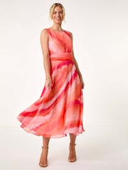 Roman Pink Sleeveless Abstract Print Midi Dress - Image 1 of 5