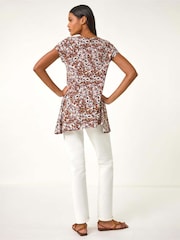 Roman Brown Animal Print Hanky Hem Stretch Top - Image 3 of 5