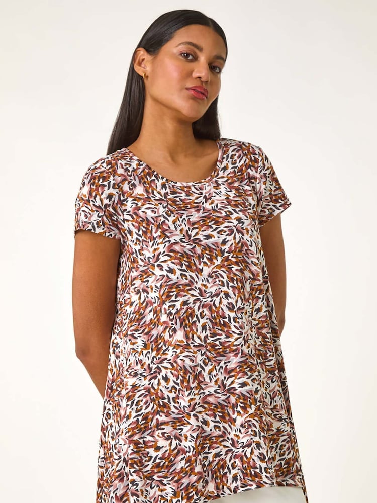 Roman Brown Animal Print Hanky Hem Stretch Top - Image 4 of 5