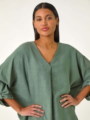 Roman Green Pleated V-Neck Stretch Tunic Top - Image 1 of 5
