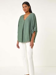 Roman Green Pleated V-Neck Stretch Tunic Top - Image 2 of 5
