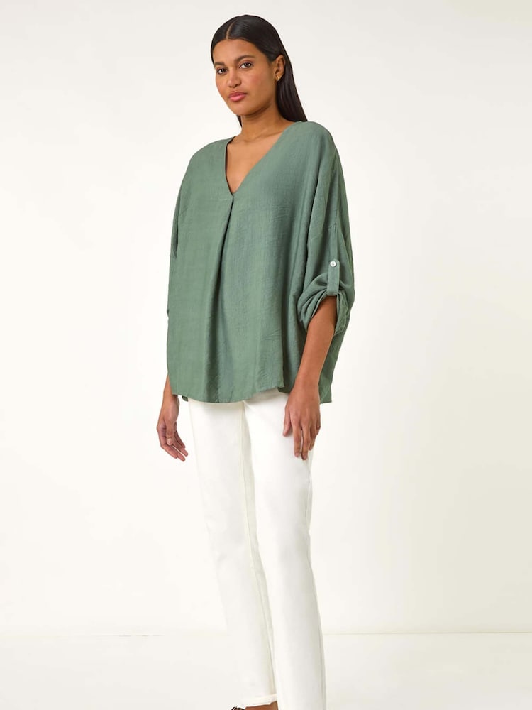 Roman Green Pleated V-Neck Stretch Tunic Top - Image 2 of 5