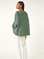 Roman Green Pleated V-Neck Stretch Tunic Top - Image 3 of 5