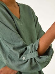 Roman Green Pleated V-Neck Stretch Tunic Top - Image 5 of 5