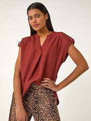 Roman Brown Pleated Notch Neck Top - Image 1 of 5