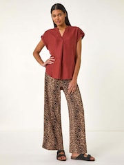 Roman Brown Pleated Notch Neck Top - Image 2 of 5