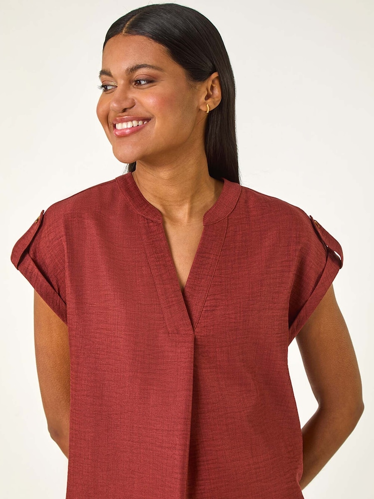 Roman Brown Pleated Notch Neck Top - Image 4 of 5