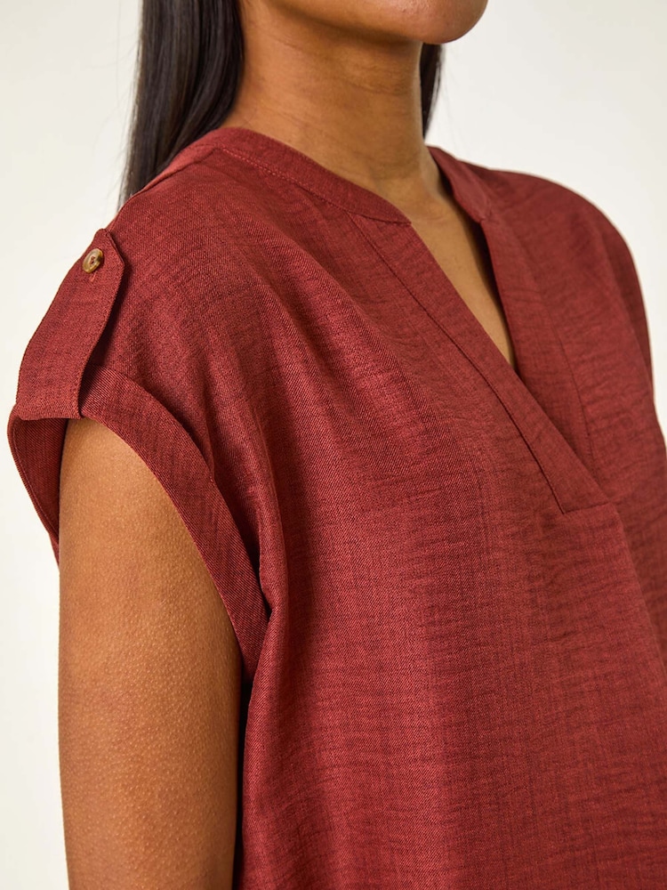 Roman Brown Pleated Notch Neck Top - Image 5 of 5