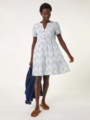 Roman Blue Zig-Zag Embroidered 100% Cotton Tunic Dress - Image 2 of 5