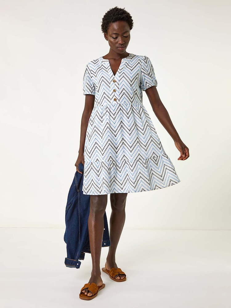 Roman Blue Zig-Zag Embroidered 100% Cotton Tunic Dress - Image 2 of 5