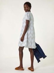 Roman Blue Zig-Zag Embroidered 100% Cotton Tunic Dress - Image 3 of 5