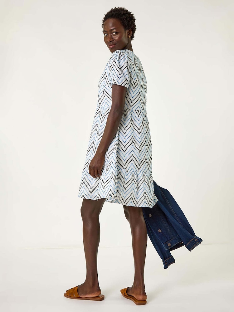 Niebieski - Roman Zig-Zag Embroidered 100% Cotton Tunic Dress - Image 3 of 5