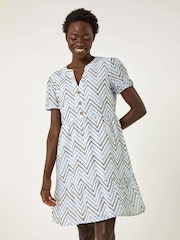 Roman Blue Zig-Zag Embroidered 100% Cotton Tunic Dress - Image 4 of 5